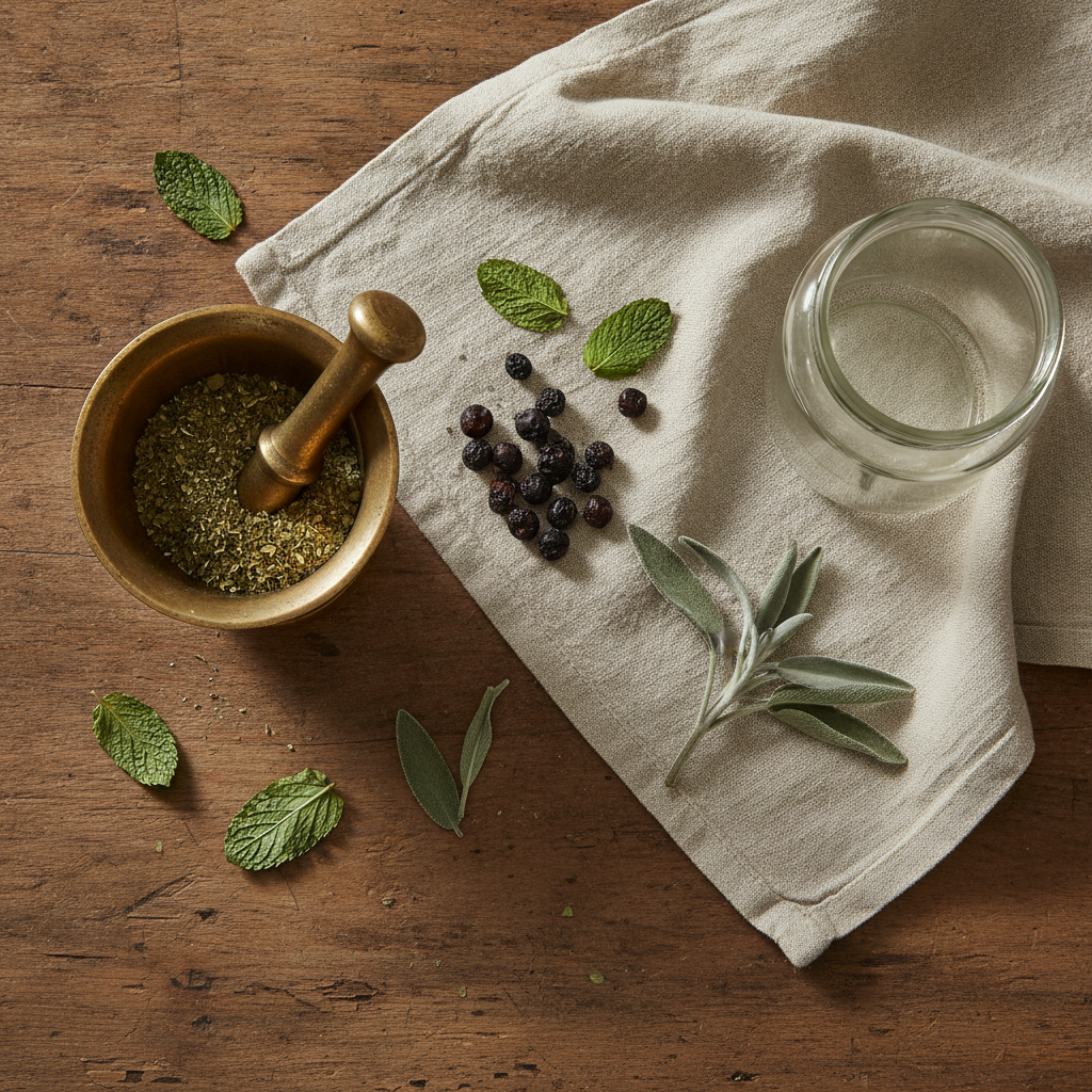 Moodboard: Mörser, getrocknete Aroniabeeren und lose Kräuterblätter auf warmem Hafer-Creme, weiches Seitenlicht